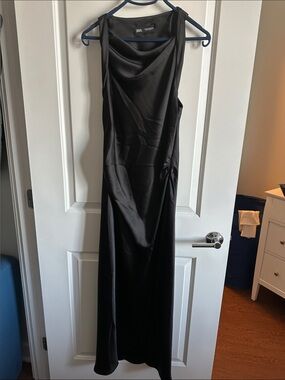 Zara Black Satin Cowl-Neck Maxi Dress